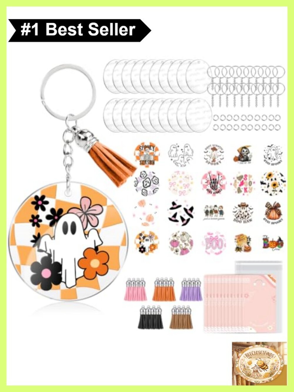 Acrylic Keychain Blank Set 140 PCS with Halloween UV DTF Stickers DIY Craft Kit